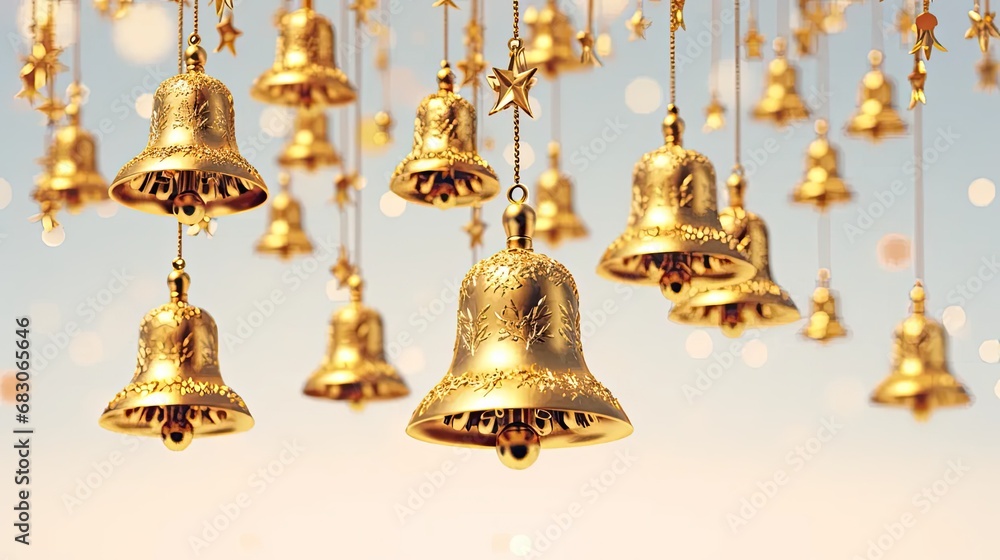 Obraz premium a light background, highlighting the beauty of gold Christmas bells and providing ample space for text or invitations.