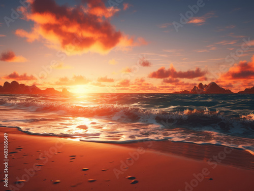An image of a tranquil beach at sunset. © Bela
