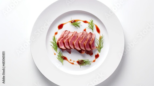 Raw duck meat on a plate or wooden board  white background  modern minimalist style with plenty of space for text or invitations.