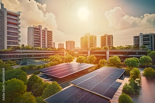Solar panels on urban building rooftops under the warm sunlight, showcasing renewable energy in a modern cityscape. photo