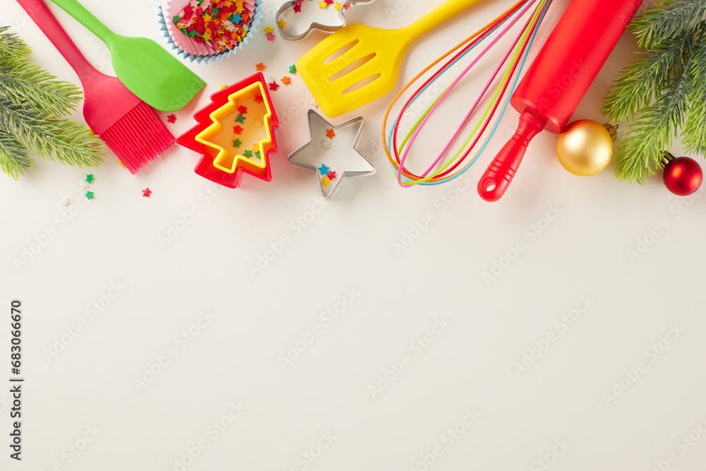Making festive desserts concept. Top view composition of candies, xmas balls, baking equipment, baking molds, fir twigs, colorful stars on light beige background with advert slot
