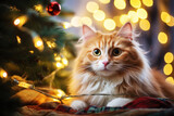 A cat on Christmas background, adorned with twinkling lights and a festive tree