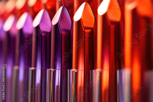 Close-up of a row of vibrant lipstick tubes in a cosmetics store.