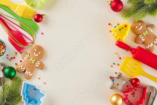 Notion behind making festive desserts. Top view flat lay of gingerbread cookies, candies, xmas balls, pastry equipment, baking molds, fir branches, stars on light beige background with promo spot