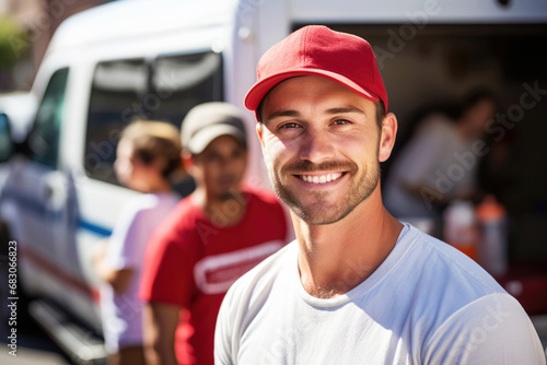 Portrait of a smiling male volunteer, blood donor Caucasian white man at a mobile blood collection center. World donor day concept, national blood donor month