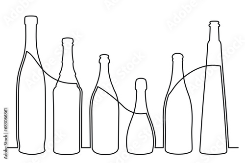 Sketch drawing of a bottle of different shapes in the style of one solid continuous line. Collection of alcoholic drinks