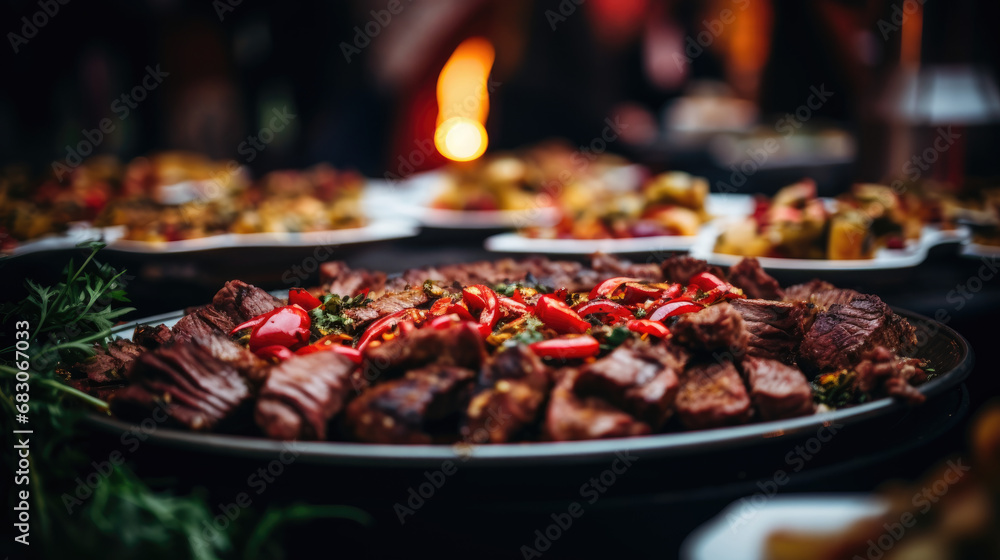 This appetizing image features a plate of perfectly grilled meat, elegantly displayed on a wedding or restaurant buffet, promising a delightful culinary experience for attendees. This appetizing image features a plate of perfectly grilled meat, elegantly displayed on a wedding or restaurant buffet, promising a delightful culinary experience for attendees.