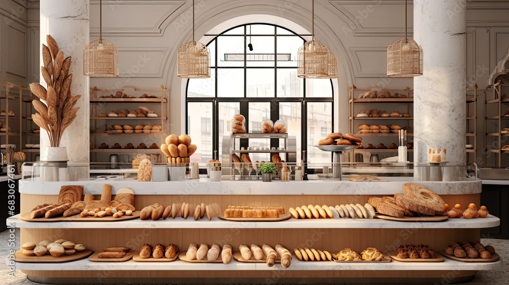 a French style bakery, focusing on modern minimalist design elements, the store's contemporary and fashionable style, with a thematic display of artisanal bread as a centerpiece. a French style bakery, focusing on modern minimalist design elements, the store's contemporary and fashionable style, with a thematic display of artisanal bread as a centerpiece.