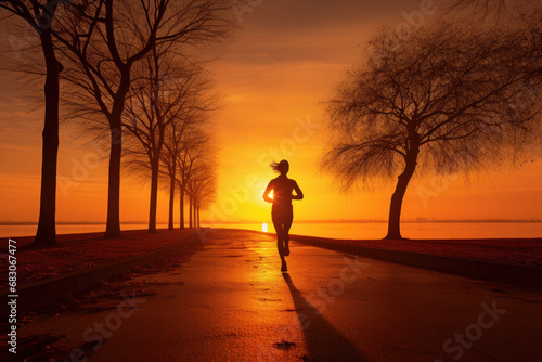 A silhouette of a person jogging into the sunrise on New Year's Day, symbolizing the commitment to health and fitness. Concept of wellness and vitality. Generative Ai.
