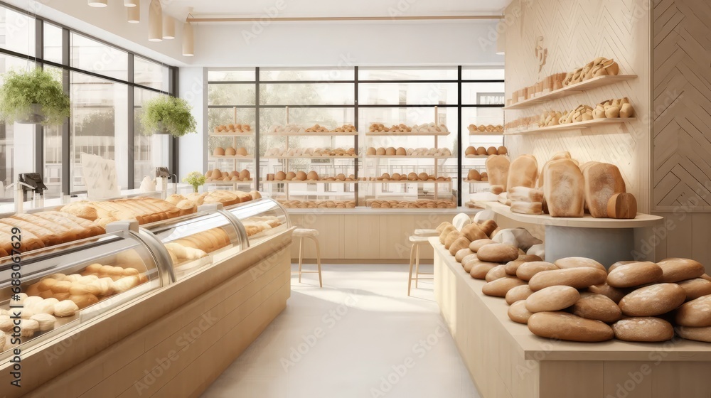a French style bakery, focusing on modern minimalist design elements, the store's contemporary and fashionable style, with a thematic display of artisanal bread as a centerpiece.
