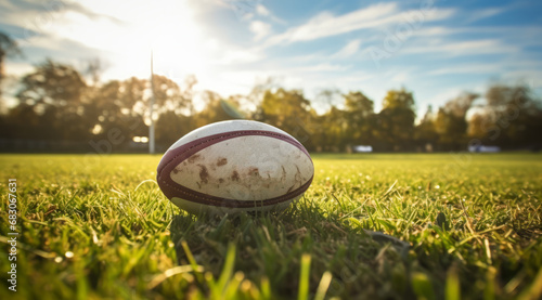 Weathered rugby ball lying in the grass, showing signs of extensive play.