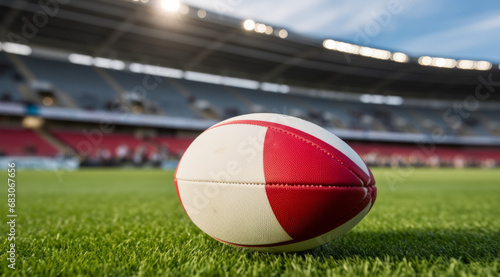A red and white rugby ball on a well-kept grass pitch in a stadium.