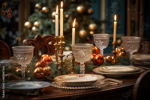 A handsomely set table with candles and fine china  inviting a sense of elegance and sophistication for New Year s festivities. Concept of refined celebrations. Generative Ai.