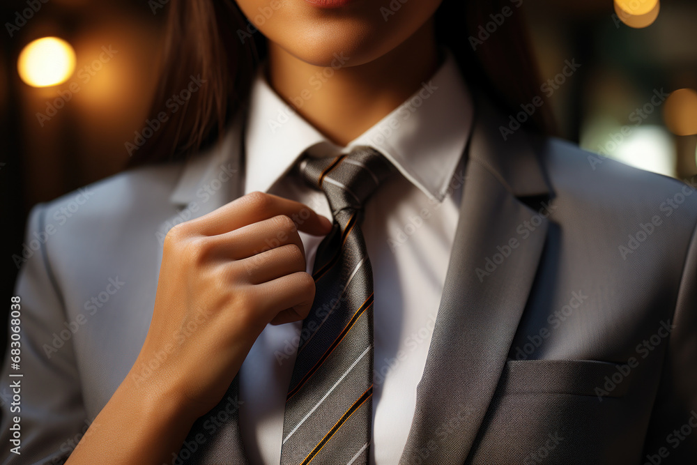 Φωτογραφία A close-up of a businessman's hand adjusting a tie, signifying attention to detail and professionalism in appearance