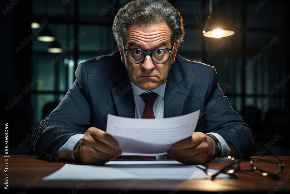 A businessman reviewing a contract with a focused expression, highlighting the importance of thorough legal scrutiny in business dealings. Concept of legal diligence. Generative Ai. A businessman reviewing a contract with a focused expression, highlighting the importance of thorough legal scrutiny in business dealings. Concept of legal diligence. Generative Ai.