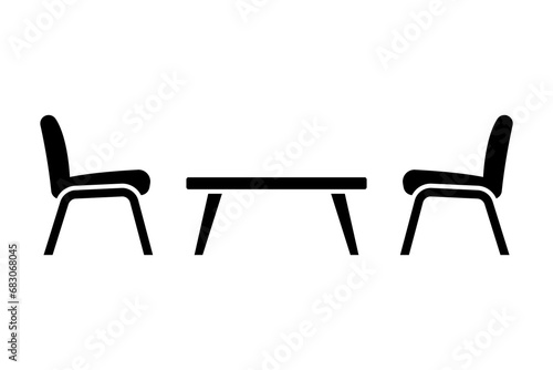 Small table and chairs icon. Coffee table. Black silhouette. Front side view. Vector simple flat graphic illustration. Isolated object on a white background. Isolate.
