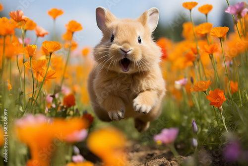 Little fluffy decorative rabbit running on field, Easter concept © Ksenia Belyaeva