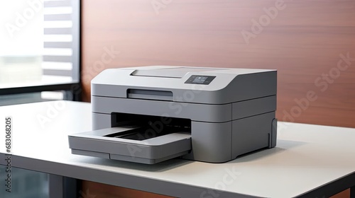 a modern gray printer against a clean and light background, the printer's features and details, capturing the essence of technology in a minimalist setting.