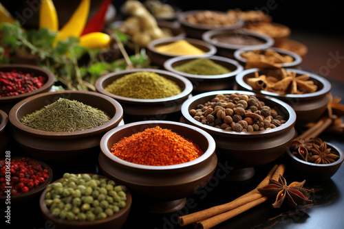 A carefully arranged set of aromatic spices in small bowls, reflecting the diverse flavors of global cuisine. Concept of culinary diversity. Generative Ai.