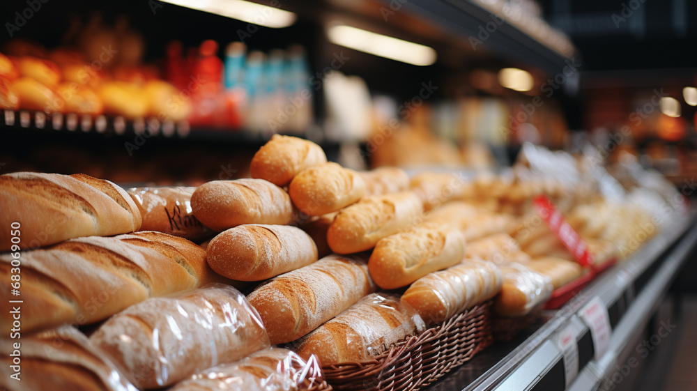 fresh bread in supermarket, closeup