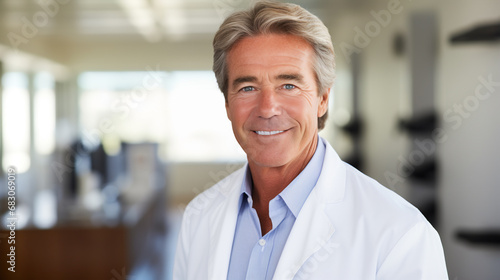 Middle aged medical professional physician in white coat. Healthcare system state financing hospital management concept photo