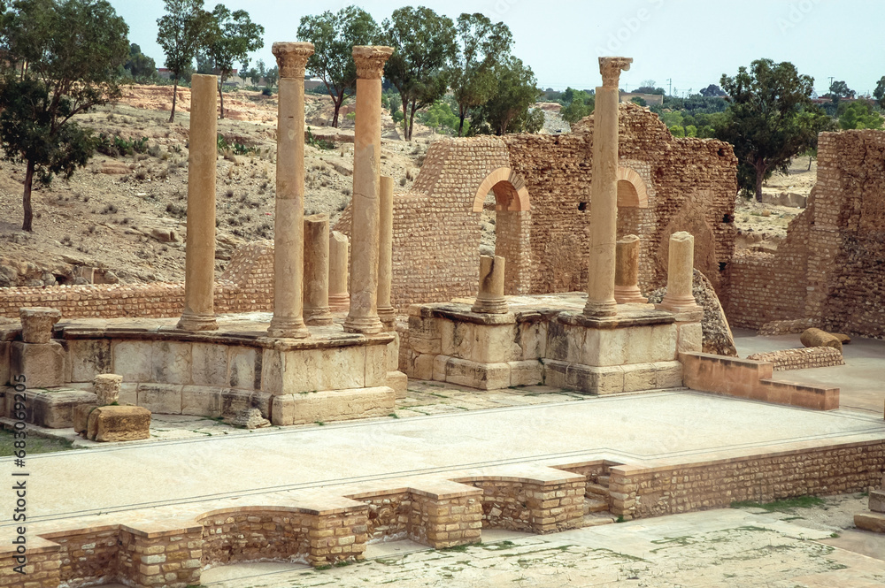 Ruins of Theatre in Roman ancient city Sufetula in Sbeitla city in north-central Tunisia