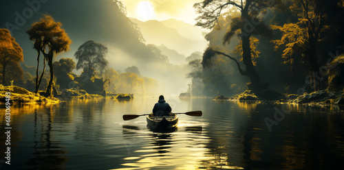 sunset on the lake, kayak paddling in panning up river by young woman and tree with mist over, in the style of dark green and light amber, 