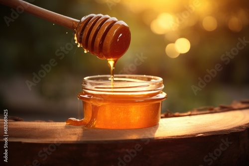 A jar of honey being drizzled with a wooden stick. Generative AI.
