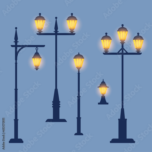 Set of street lights. Dark silhouette isolated on background. Elements for landscape construction. Vector illustration in flat style.