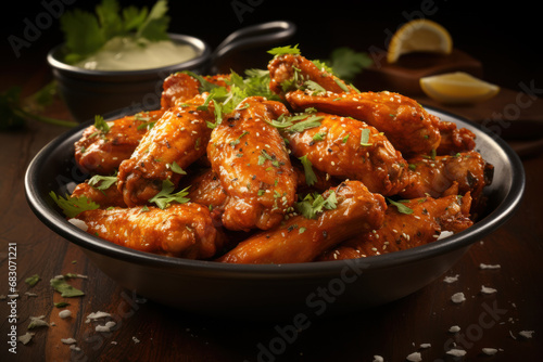 A flavorful bowl of spicy buffalo chicken wings, perfect for those seeking a fiery kick in their fast food experience. Concept of bold flavors. Generative Ai.