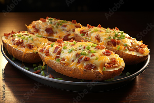 A platter of loaded potato skins, filled with cheese, bacon, and green onions, offering a savory and satisfying snack. Concept of hearty appetizers. Generative Ai.