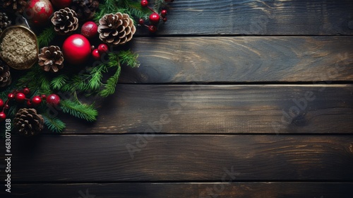 Christmas tableware and decorations on rustic wooden table