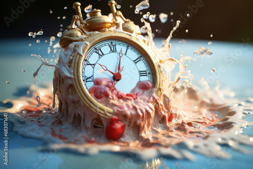 A clock face melting like an ice cream cone under the sun, portraying the temporal fluidity and melting moments of time. Concept of time as a melting experience. Generative Ai. photo