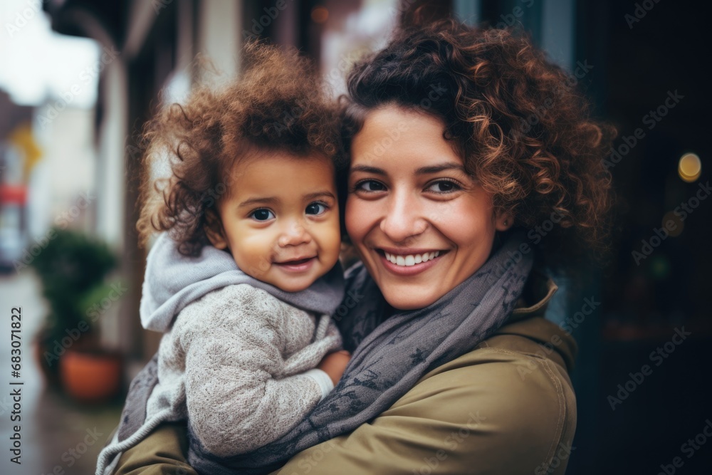 Portrait of a smiling young mother holding infant child - obrazy, fototapety, plakaty 