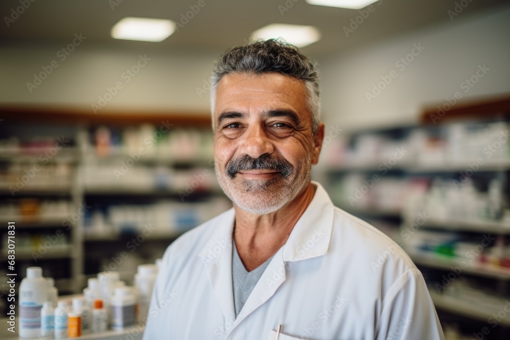 Portrait of a male pharmacist in pharmacy drugstore