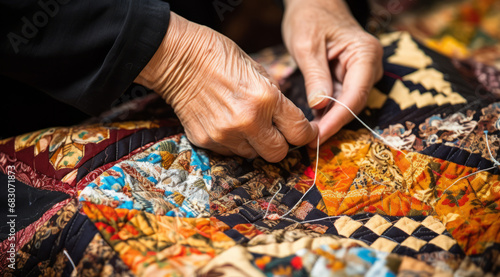 Close-up of an elderly woman's hands meticulously quilting a patchwork.