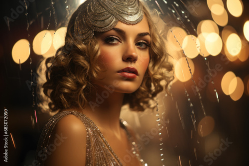 A glamorous vintage woman in a sequined flapper dress from the Roaring Twenties, capturing the spirit of the Jazz Age. Generative Ai. photo