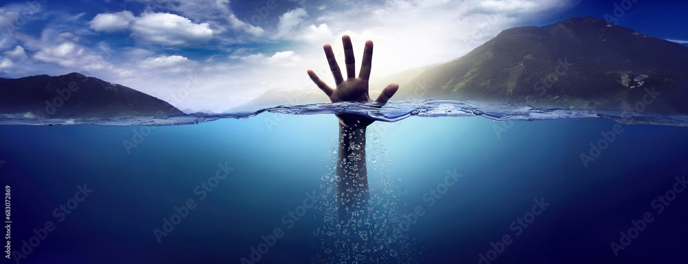 Drowning person, man, reaching out for help - obrazy, fototapety, plakaty 