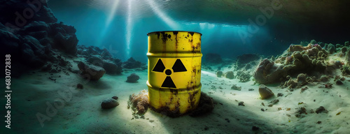 Yellow barrels for radiation hazard waste at the bottom of the ocean. Concept water radioactive pollution