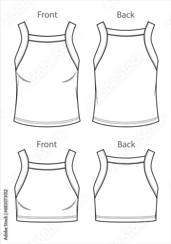 Vector woman strapless blouse sketch, sleeveless T-Shirt fashion CAD, summer crop tank top technical sketch, female flat, template.Jersey or rib fabric 2 pcs set tee with front, back view, white color