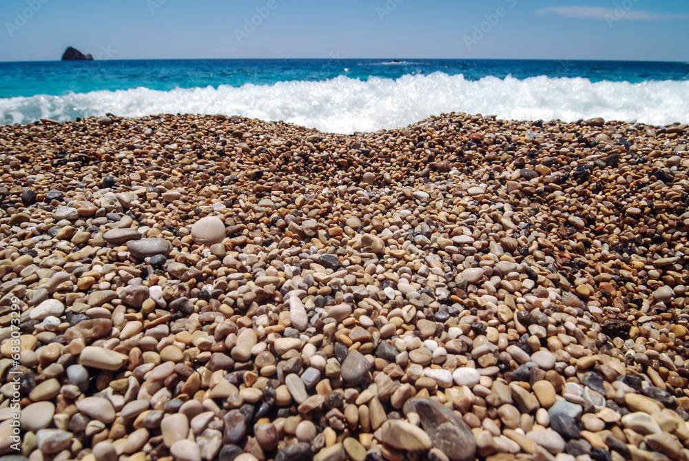 Pebbles on Chomi beach known as Paradise beach near Palaiokastritsa village on Corfu Island, Greece