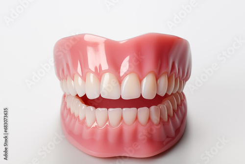 Full removable plastic denture of the jaws. Set of dentures on a white background. Two acrylic dentures. Upper and lower jaws with fake teeth. Dentures or false teeth, close-up. Copy space © MISHA