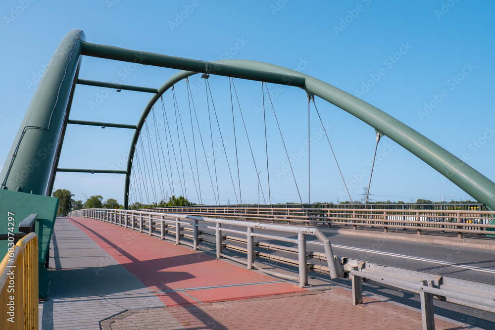 Bridge in Gdansk, Poland. Two lines for pedestrians and bikers. Empty bridge, no people, no cars in Gdansk Poland