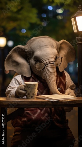 An elephant sitting at a table with a cup of coffee. Generative AI.