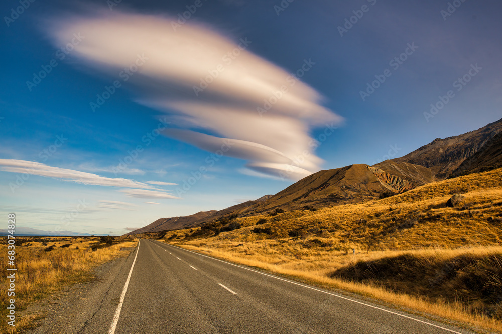 unusual cloudscape over the highway on the way to Mt Cook National Park