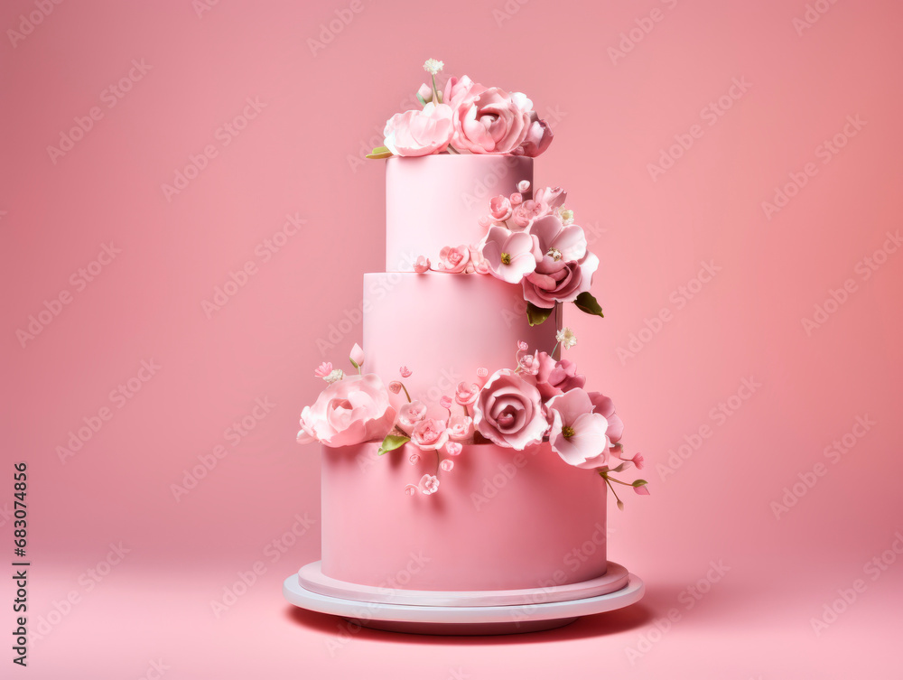 Beautiful multi-tiered cake decorated with flowers. On a pink background, there is a pink cake on a stand. Beautiful multi-tiered cake decorated with flowers. On a pink background, there is a pink cake on a stand.
