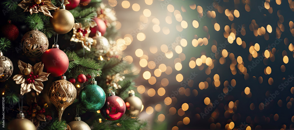 Christmas tree with red gold ornaments and baubles on blurred bokeh lights background