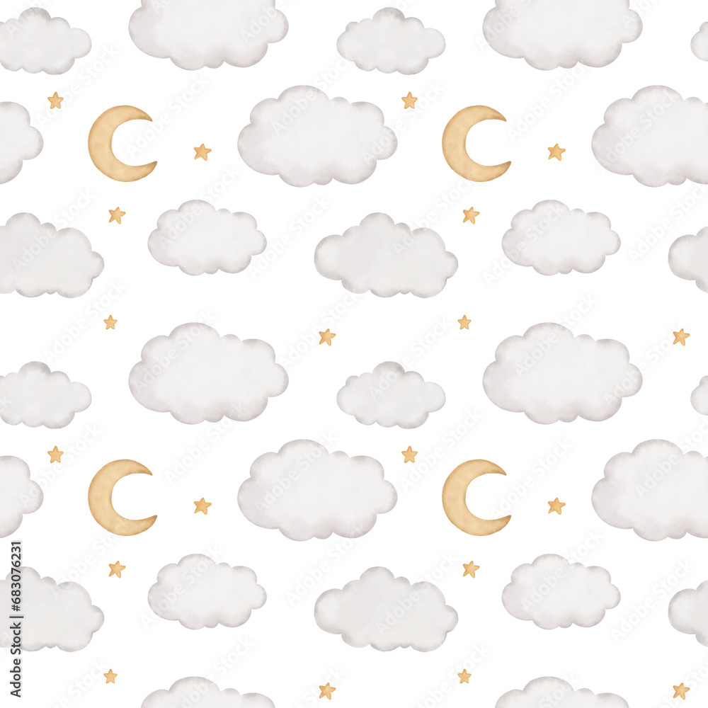 Christmas Seamless Pattern  background, seamless tiling, wrapping paper, print, fabric design. Clouds and a moon. Merry Christmas and Happy New Year!