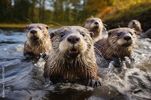 A playful group of otters frolicking in a freshwater stream, illustrating the joyful and social aspects of certain wildlife species. Concept of the lighter side of animal behavior. Generative Ai.