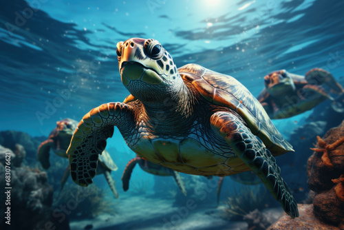 A group of sea turtles gliding gracefully through the ocean depths  representing the enduring spirit of ancient creatures in the marine world. Concept of sea turtle conservation. Generative Ai.